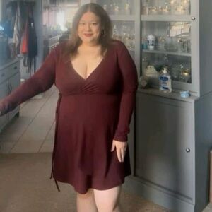 Altar’d State Large Burgundy Knit Sweater Faux Wrap V-Neck Dress